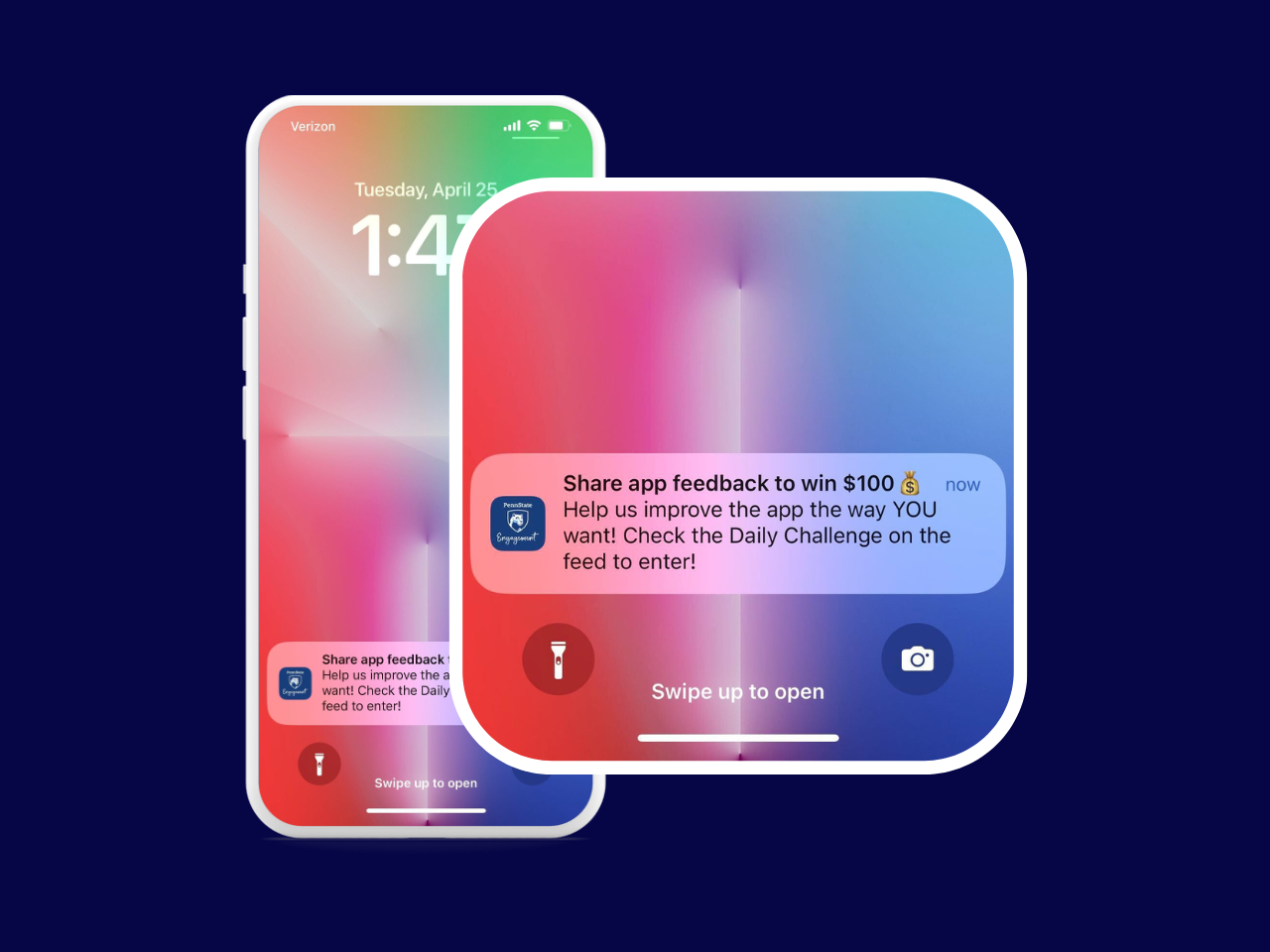 Push notification screenshot from Penn State's Engagement App highlighting a feedback form giveaway